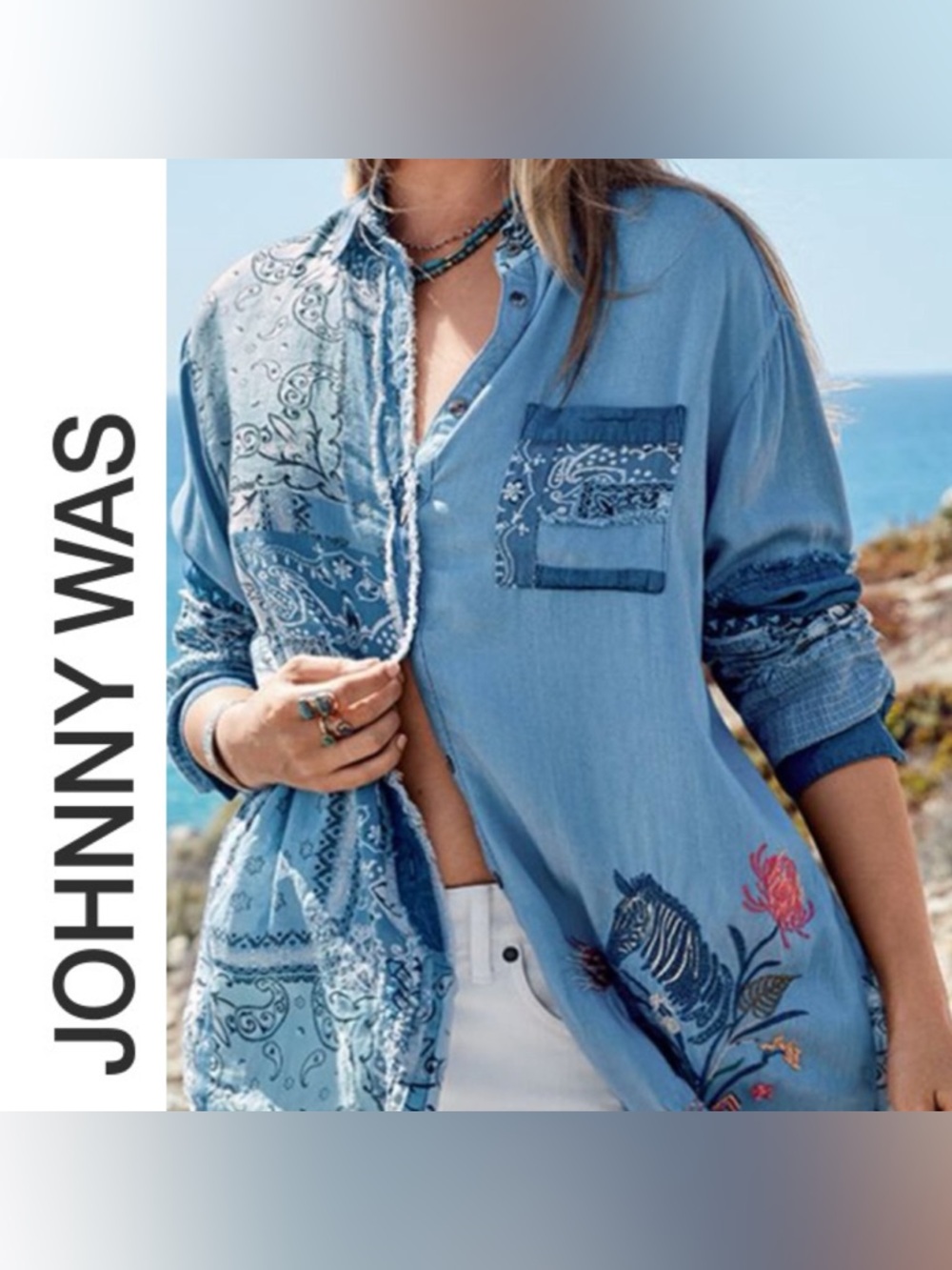 Johnny Was Workshop Bandanna Mixup Shirt Zebra Embroidery Chambray Artsy